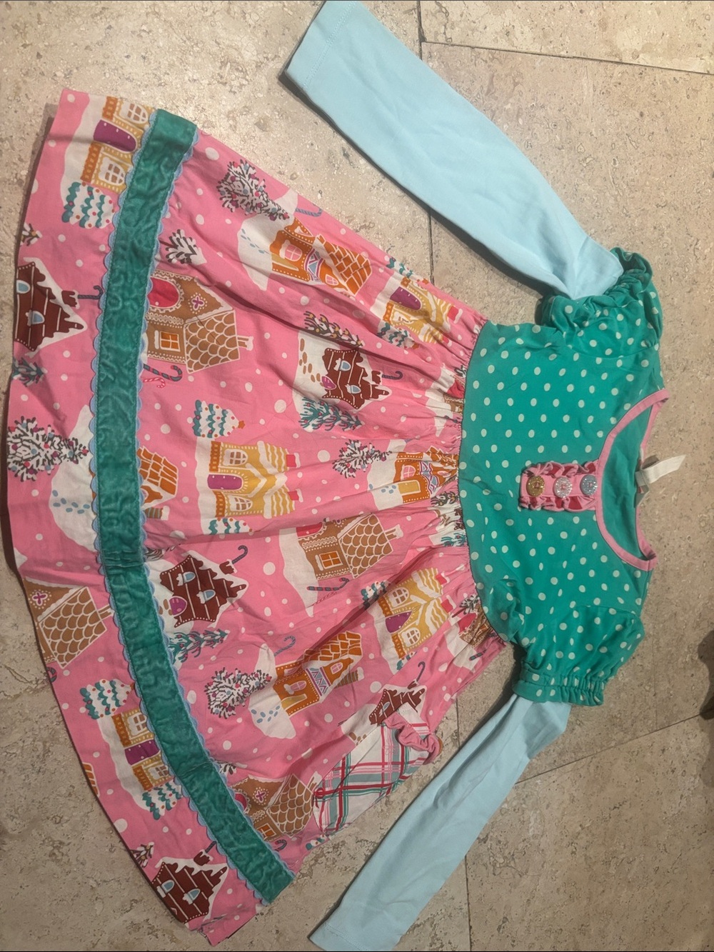 Matilda Jane Pink Gingerbread House Skirt with Teal Polka Dot Top